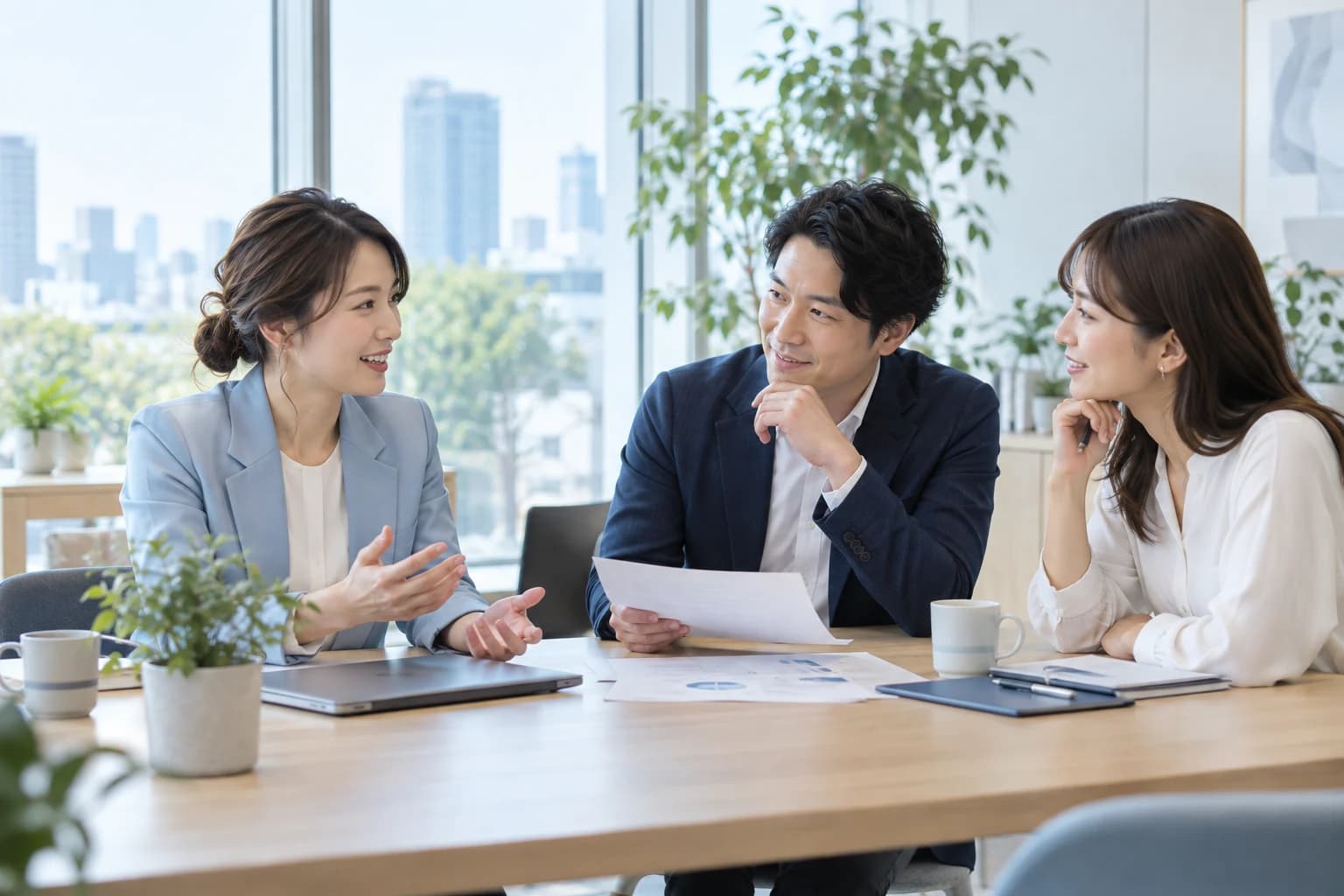 明るいオフィスで、資料を囲んで相談する3人のビジネスパーソン
